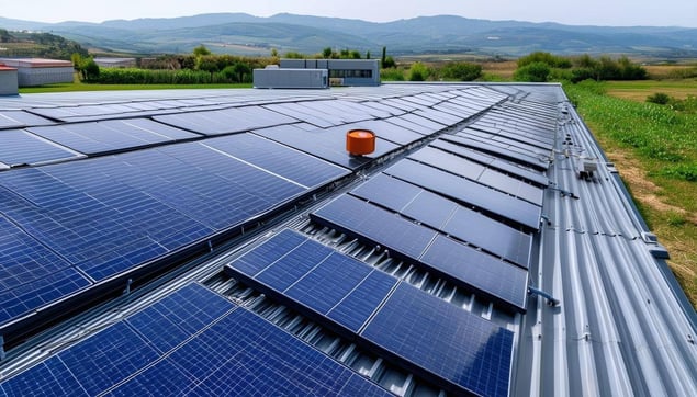 Pannelli fotovoltaici montati su tetto capannone industriale